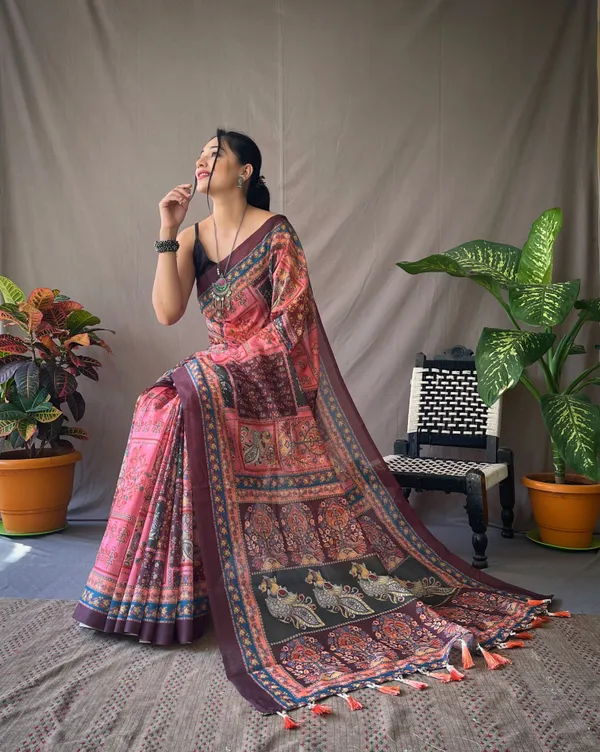 Pink_Pure_Soft_Cotton_Kalamkari_Print_Saree_With_Blouse_Piece_Attached